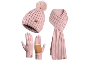 CRUNCH CRATE Winter Beanie Warm Hat Long Scarf Touchscreen Glove Set with Pom Pom Neck Warmer Scarves for Women