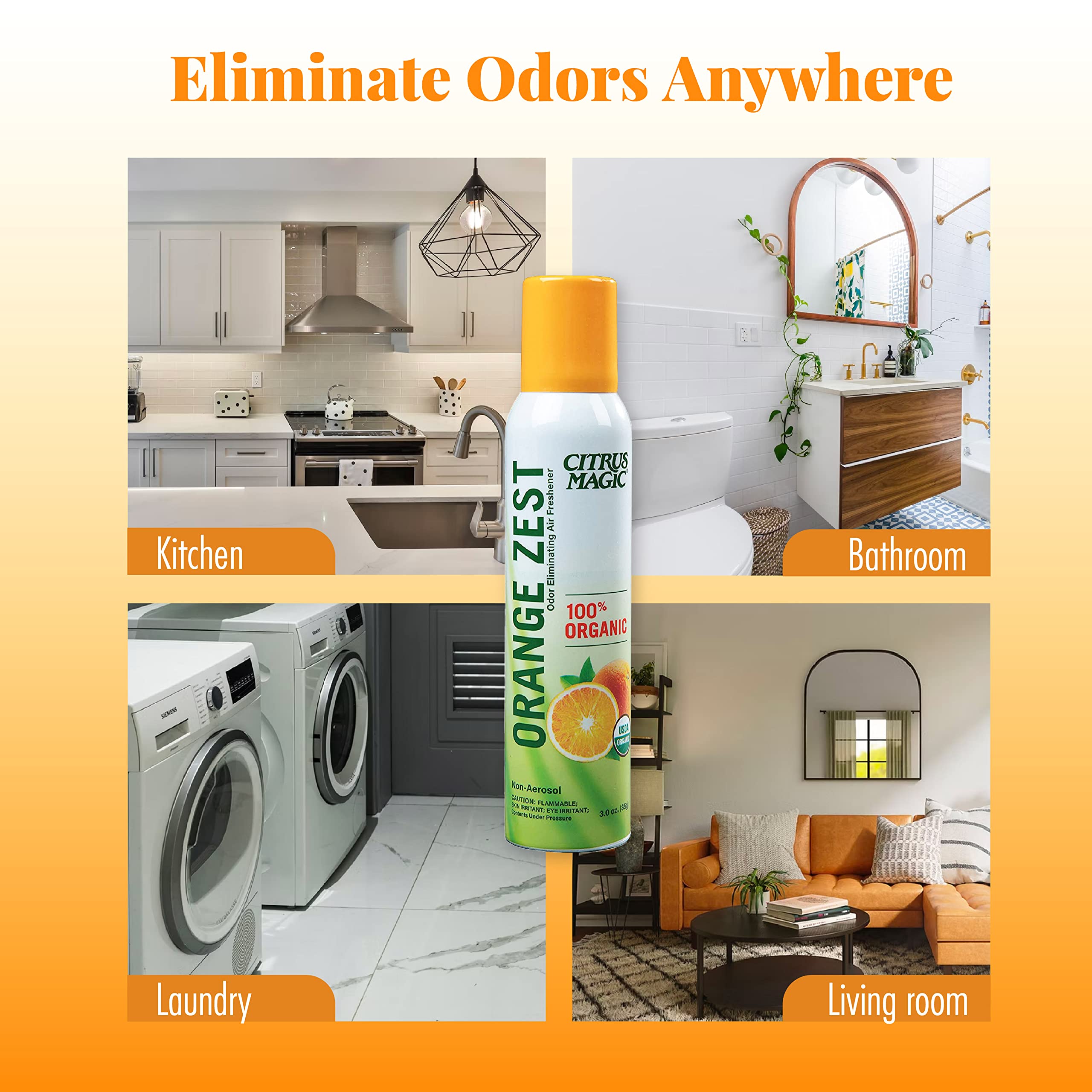 Citrus Magic Organic Natural Odor Eliminating Air Freshener Spray, Orange Zest, 3-Ounce, Pack of 3