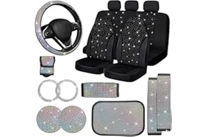 Jusen 17 Pack Bling Car Seat Covers Set Car Diamond Accessories Rhinestone Crystal Steering Wheel Cover, Bling Velvet Breathable (Multicolor, All Part Bling)