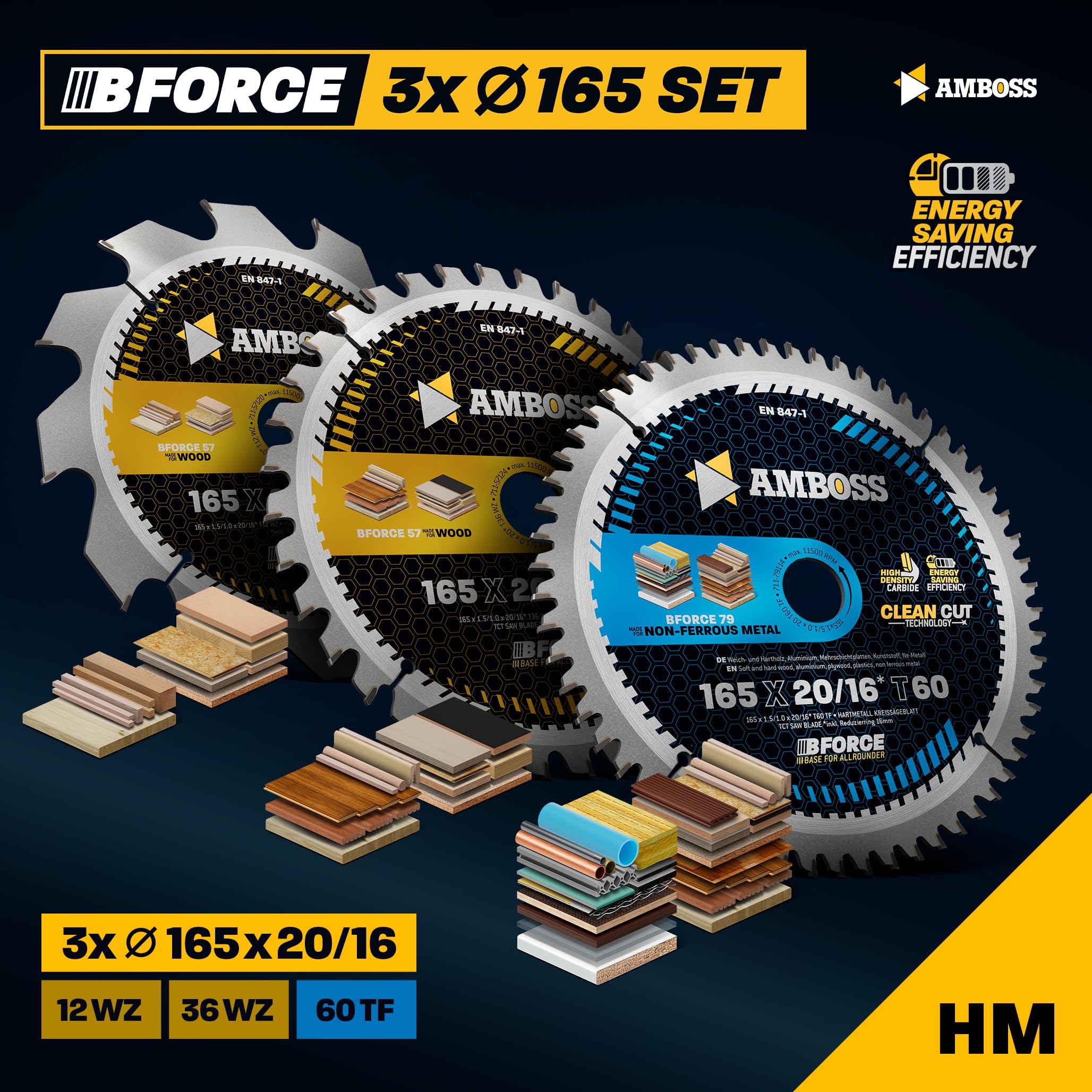 Ø165 x 20 Akku Hand- Kreissägeblatt Set passend für Bosch GKS 18v-57g, Bosch GKT 55 GCE, Makita SP6000 - AMBOSS WERKZEUGE® 165x20 Sägeblatt Sortiment 2