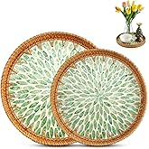 OT-NVWOZR 2pcs Round Rattan Tray with Mother of Pearl Inlay, Serving Trays with Wooden Base, Woven Wicker Basket for Kitchen Coffee Table Decor, Storage and Display of Bread Fruit (9.4in, 11.8in)