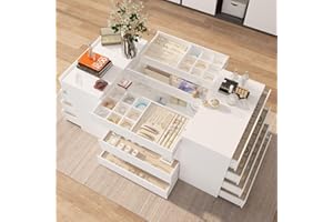 TAMUNE Armoire Bedroom Island Wardrobe Closet Island with 14 Drawers & Glass Tabletop, Island Dresser with Jewelry Organizer, Closet Island for Bedroom Cloakroom White (63”W x 31.5”D x 31.5”H)