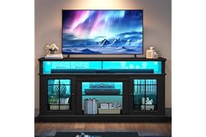 YITAHOME Black TV Stand for 75 Inch TV with LED Lights, 32'' Tall Modern TV Stands w/Adjustable Shelves & Glass Doors, Mid Century Modern Entertainment Center TV Media Console Table for Living Room
