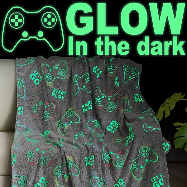 JEKENO GLOW IN THE DARK GAMING BLANKET GAMER GAME CONTROLLER THROW GIFT TOYS FOR KIDS BOYS TEEN SON ADULTS GAMEPAD PRESENTS EASTER BIRTHDAY CHRISTMAS BEDROOM DECOR LUMINOUS BLANKET GREY 50″X60″