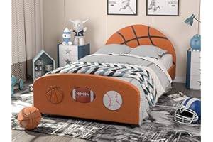 IKIFLY Children Upholstered Twin Bed, Kids Twin Platform Bed Frame with Curved Headboard Footboard, Strong Wood Slats Support, Sport Style Toddler Bed for Boys & Girls, Teens（Basketball Design）