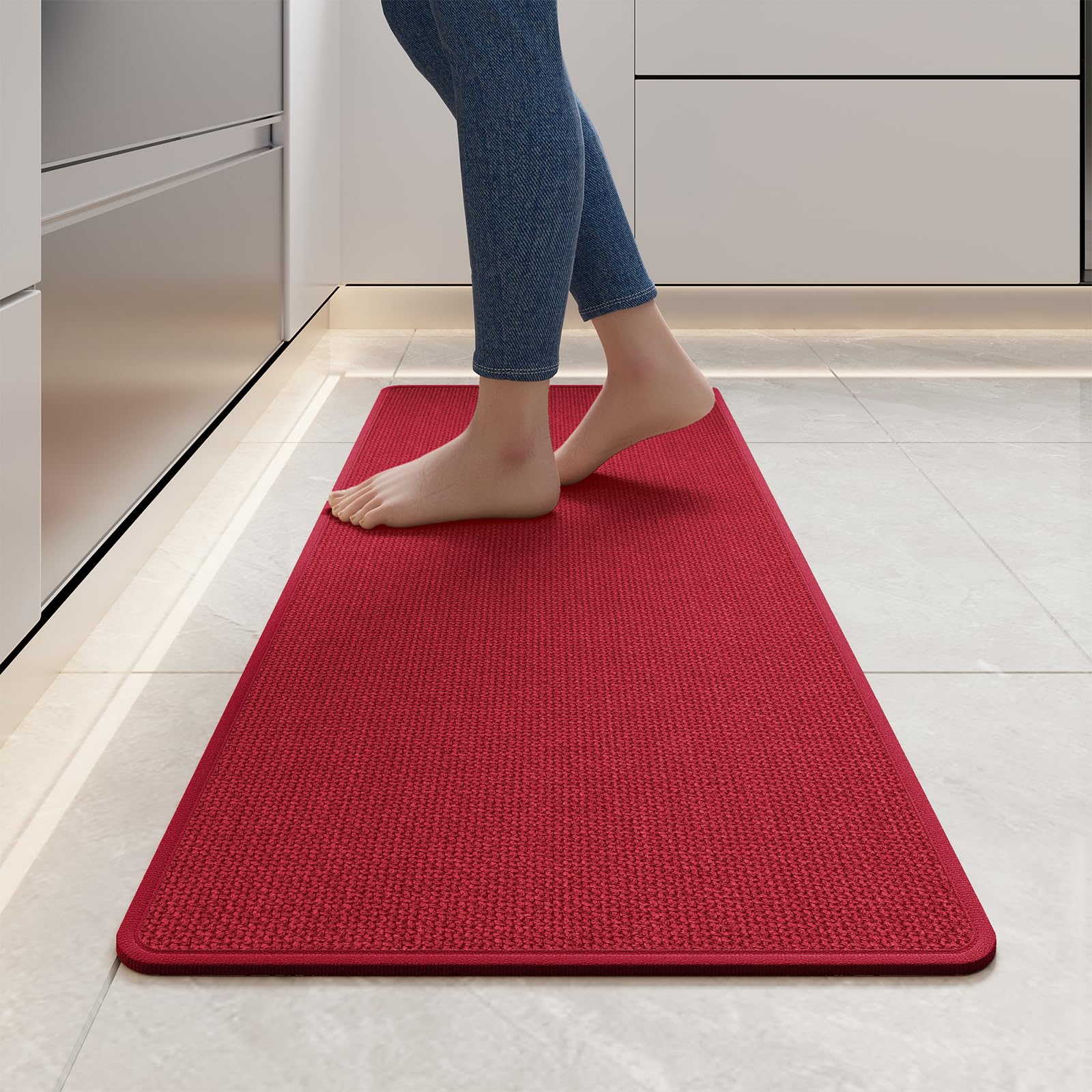 Photo 1 of YDKGL Kitchen Mats for Floor, Super Absorbent Kitchen Rugs Non Slip Washable, Soft Imitation Linen Braided Kitchen Runner Rug, Standing Mat Kitchens Sink Mat, Easy to Clean, Red 17x47