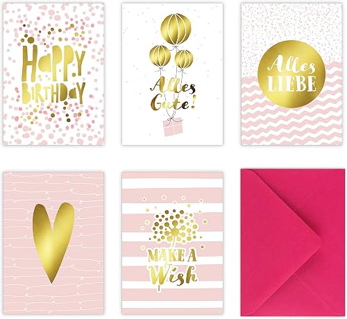 Download 5 Geburtstagskarten im Set inkl. Umschläge in pink. Rosa Glückwunschkarten zum in DIN A6 mit edler Folienprägung in Gold. Klappkarten zum Geburtstag, Hochzeit, Geburt, Firmung, Konfirmation PDF