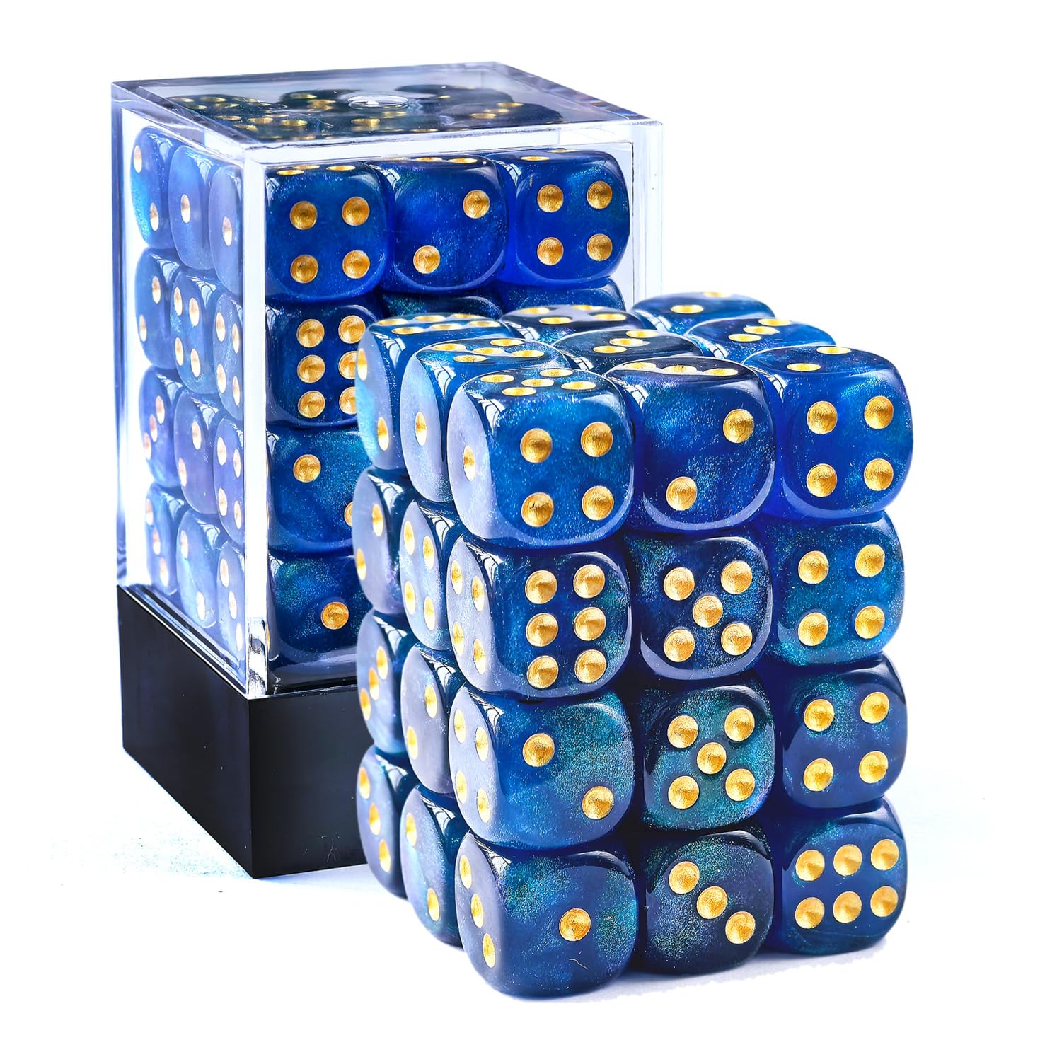 BESCON DICE Moonstone 12mm 6 Sided Dice, 36 in Brick Box, Pearl Blue Dice With Green Shimmery