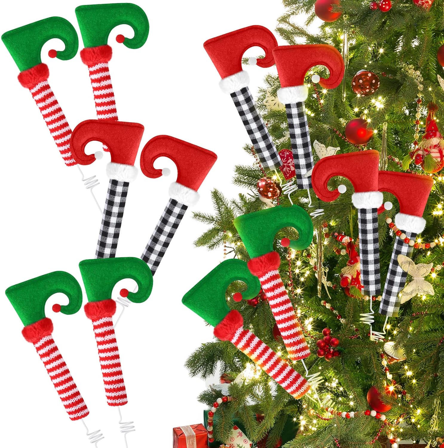 Tree Toppers - 6 Pairs 18 Inch Christmas Elf Legs Tree Ornaments Elf Legs Picks Elf Stuffed Legs Topper Decorations with Fixed Wire Tree Legs Decor Elf Feet Ornaments for Xmas Holiday (Red Green, Black White Plaid)