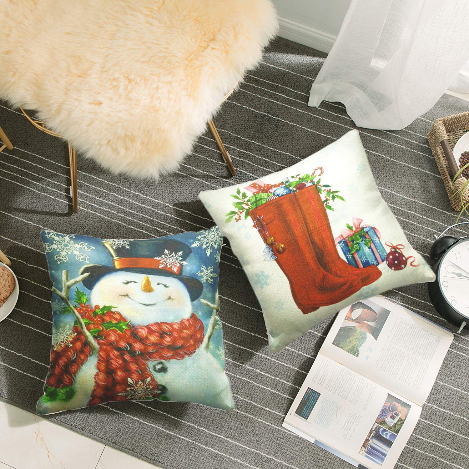 TIGERNU Throw Pillow Covers 18x18 inch (45x45cm) Linen Pillowcases Christmas Decorations Winter Snow Auto Church Cushion Cover for Couch Bed Sofa Car- Set of 4