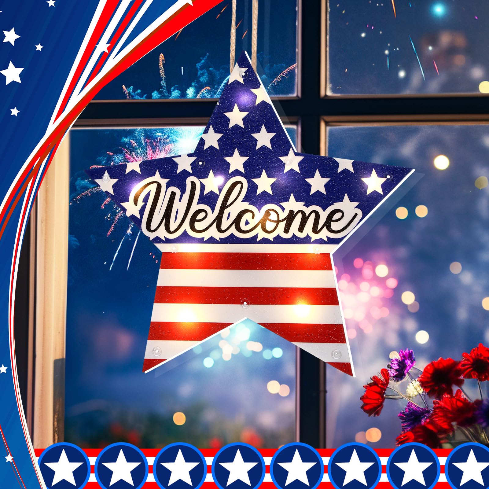 Photo 1 of 11.4 Inch 4th of July Window Lights Red White Blue Lighted 4th of July Door Decorations Patriotic Star Window Decoration Patriotic Welcome Wreath for Front Door Porch Wall Decor Independence Day