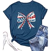 4th of July T-Shirt Women Independen Day Patriotic Tee American Flag Bow Shirt USA Flag Print Casual Short Sleeve Tops