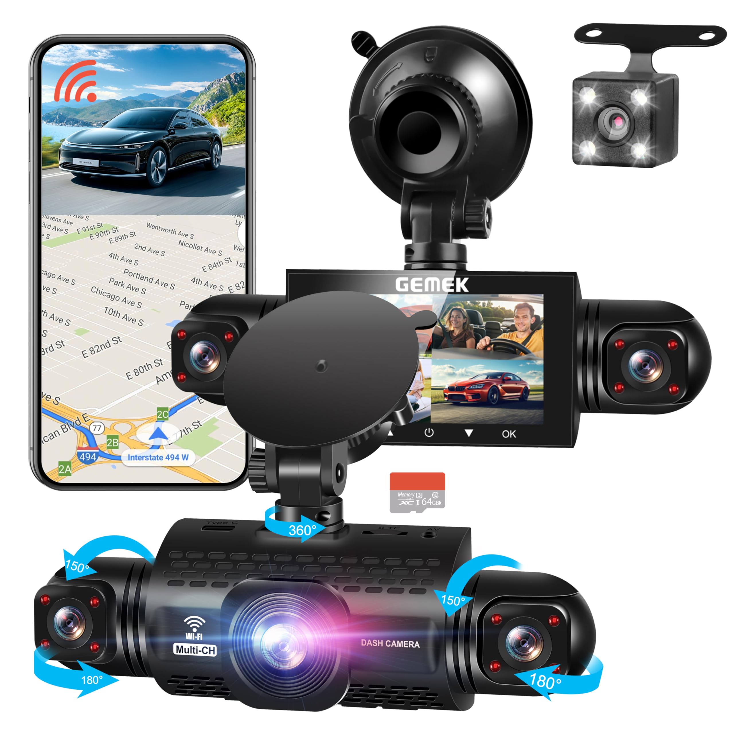 Photo 1 of 360 Degree View 4 Channel Dash Cam 5G WiFi & App Control, GEMEK 2K Front and Rear Inside, Left and Right Dash Camera for Cars, Free 64GB TF Card, G-Sensor, Night Vision, 24-Hour Parking Mode