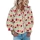 Cicy Bell Womens Floral Button Down Shirts Trendy Casual 3/4 Lantern Sleeve Blouse Square Neck Collared Tops
