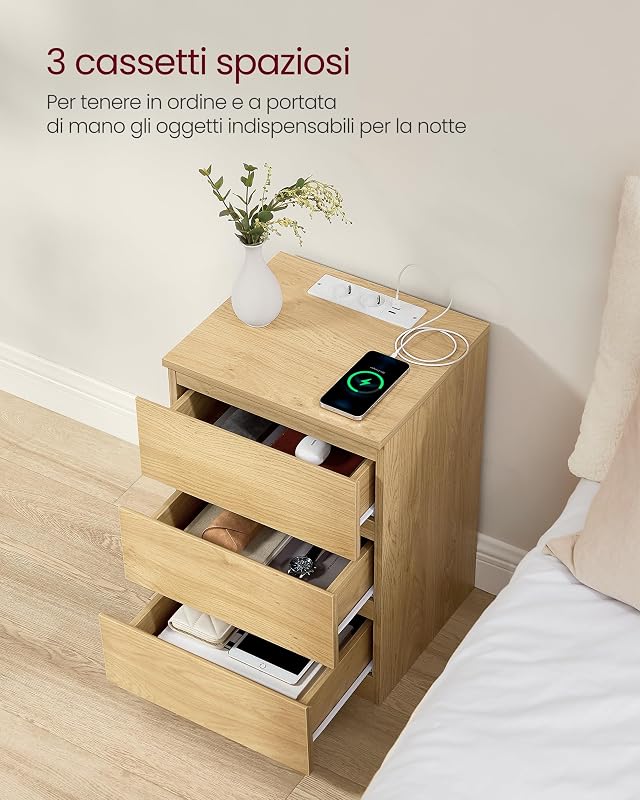 KAILYN Collezione - Comodino con Stazione di Ricarica, Set di 2, con 3 Cassetti, 2 Prese AC 2 Porte USB, per Soggiorno, Camera da Letto, Studio, Giallo Paglierino LET831Y70