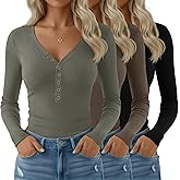 Velvelhall 3 Pack Women's Long Sleeve Henley Shirts Cotton Ribbed V Neck Tops Casual Tees Fall Basic Blouses