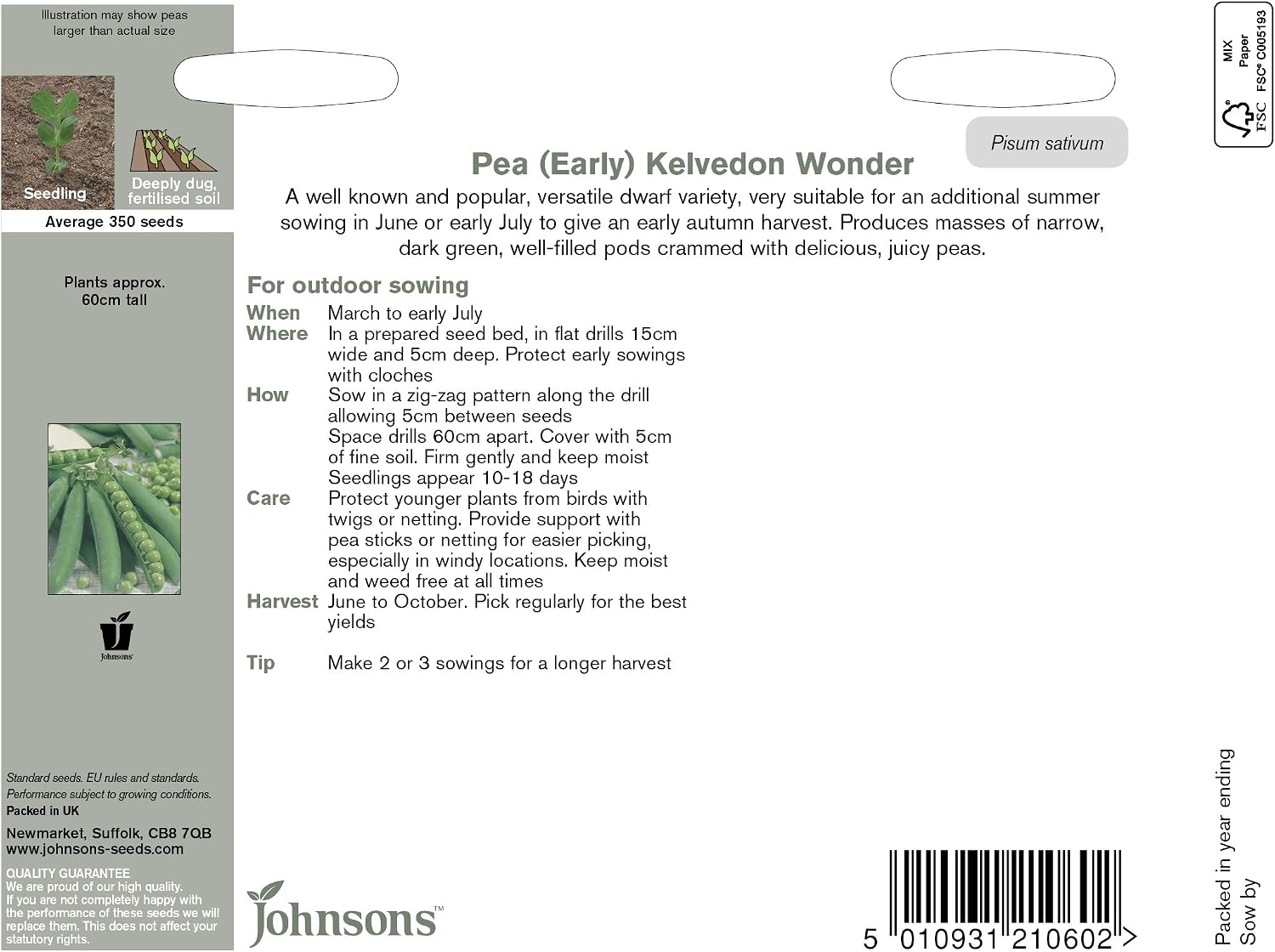 Johnsons 10443 Vegetable Seeds, Pea Kelvedon Wonder, 13.5 cm (W) x 1.2 cm (L) x 18 cm (H) - Image 3