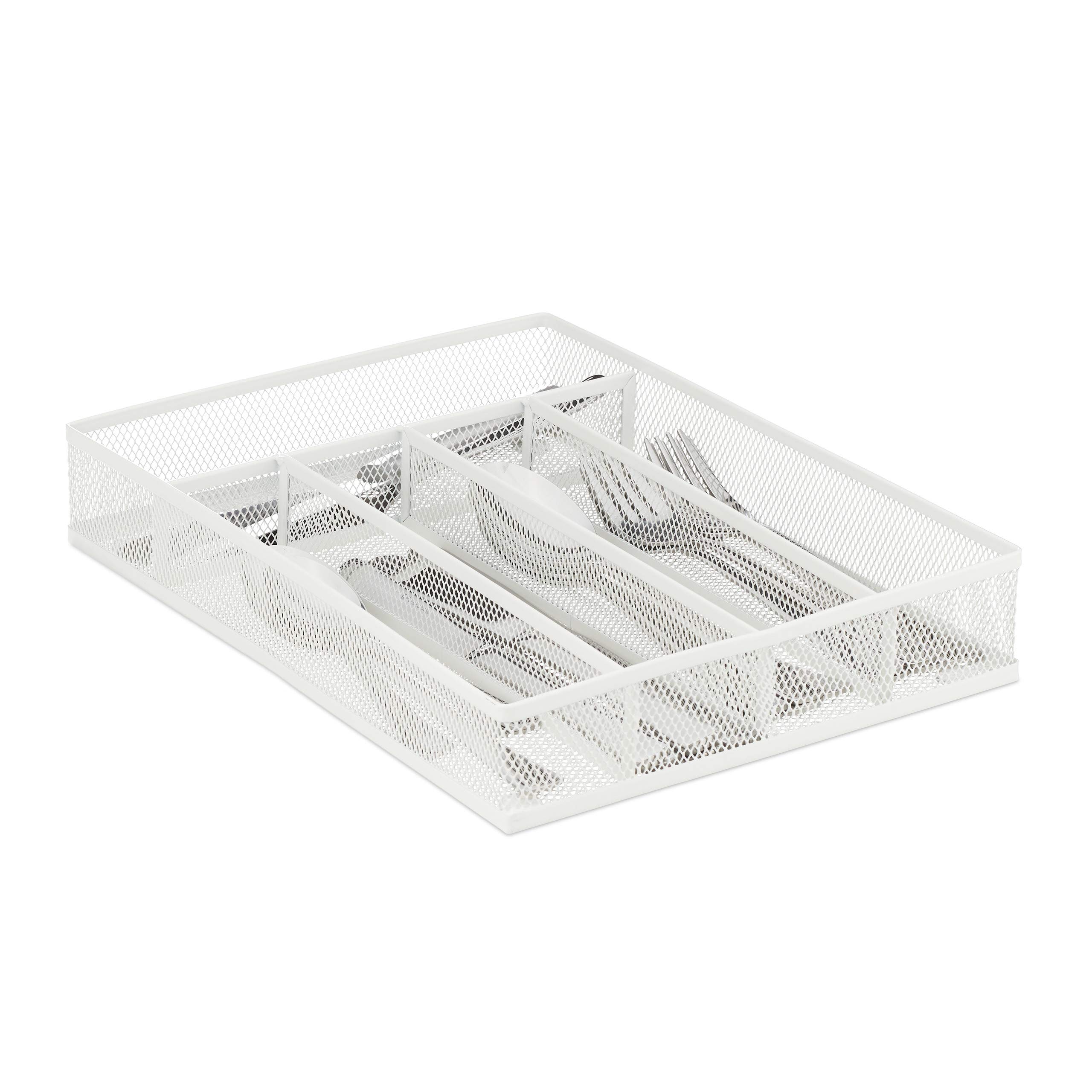Relaxdays Metal Cutlery Tray, 5 Compartments, Mesh Design, 5.5 x 23.5 x 32 cm, Kitchen Drawer Insert, Organiser, White