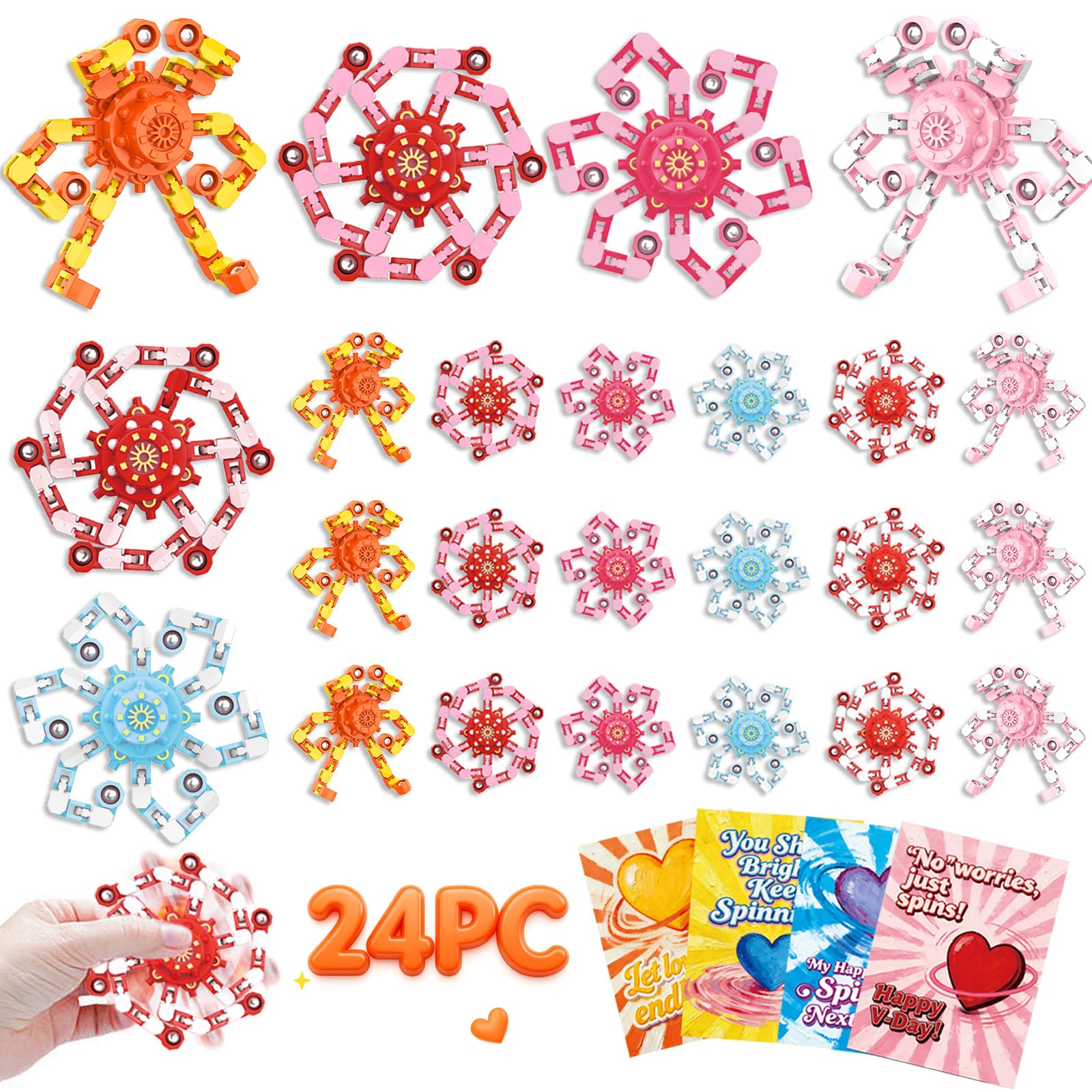 24PC Valentine's Day Cards for Kids School with 24PC Fidget Spinner,Funny Sensory Fidget Toys Deformable Chain DIY Robot Spinner,Fingertip Stress Relief Gyro Toy Sensory Toy for Kids Party Favors Image