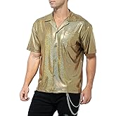 Casey Kevin Men's Short Sleeve Collared Metallic Shirts Button Down Reflective Sequin Rave Outfit Holographic Disco Top