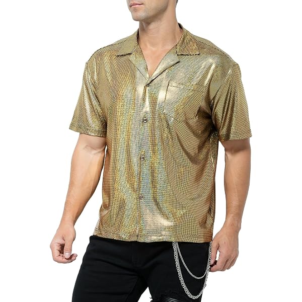 COOFANDY Men's Disco Paisley Shirt - Gold Retro 1970s Button Down Dress Shirt