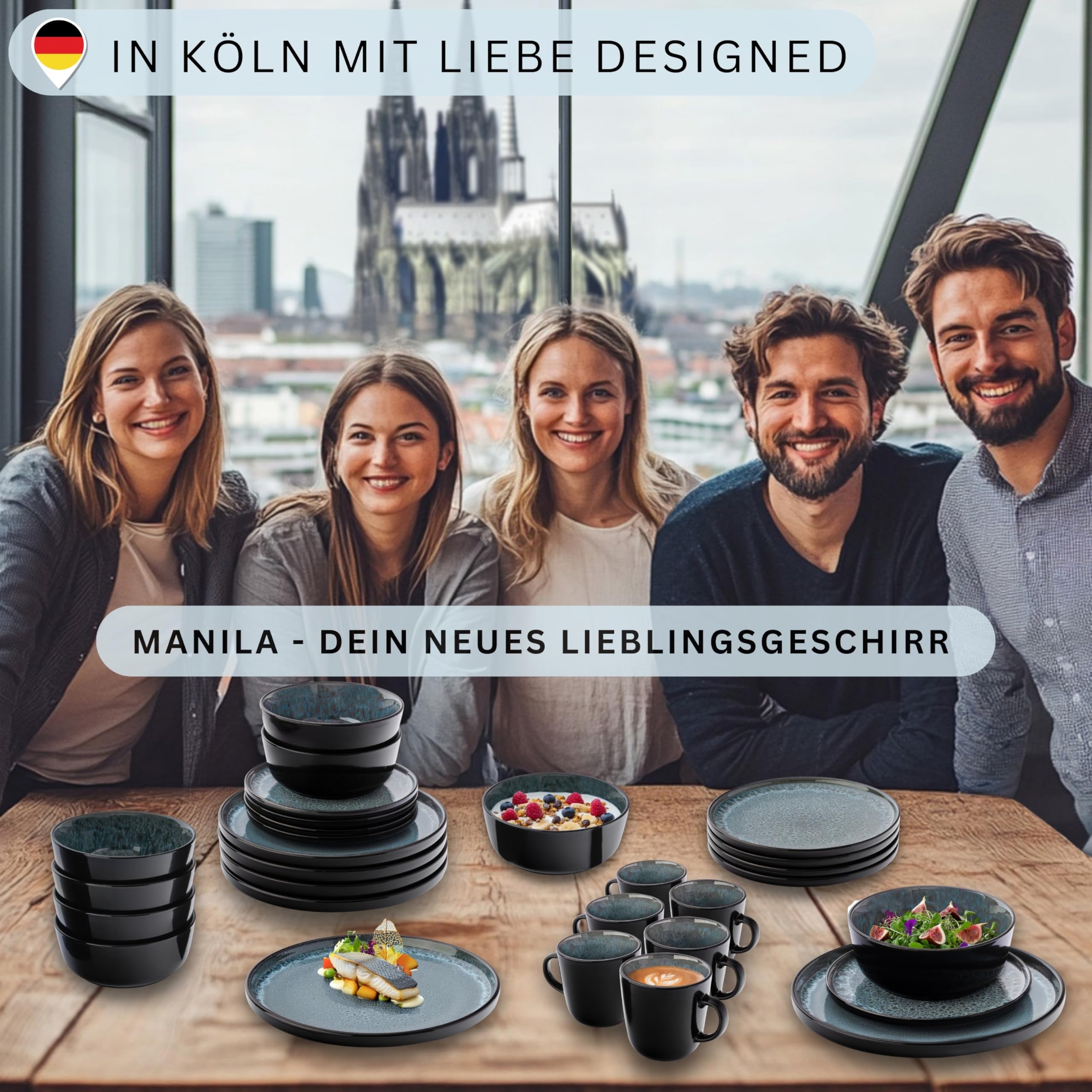 SÄNGER Manila | Tafelservice 24 teilig, Steingut Geschirr Set 6 Personen, 6x Teller Set 6x Frühstücksteller 6x Tiefe Teller 6x Pastaschalen blau mit schwarzem Rand | VALUE COLLECTION 6