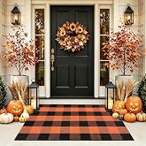 Fall Door Mat Orange and Black Plaid Rug Autumn Halloween Thanksgiving Rug | Halloween Front Porch Decor,Cotton Thanksgiving Layered Door Mats,Farmhouse Fall Entryway Decor