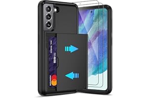 PILARU for Galaxy S21 FE 5G Case with Card Holder and (2 Pcs) HD Screen Protector, Slim Heavy Duty Dual Layer Shockproof Design & Hidden Card Slot Wallet Case for Samsung Galaxy S21 FE-Black