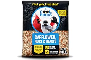 Cool Birds Safflower, Nuts & Hearts Wild Bird Seed – 10 lb. Gourmet Bird Food with Safflower, Sunflower Hearts & Peanuts – No Corn, Milo or Millet, No Waste Bird Food for Outside Feeders