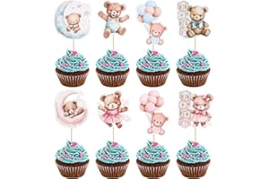 Gyufise 32Pcs Baby Shower Bear Cupcake Toppers Moon Baby Bear Baby Shower Cake Topper Decorations Jungle Animal Theme Birthday Party Cake Supplies Blue Pink