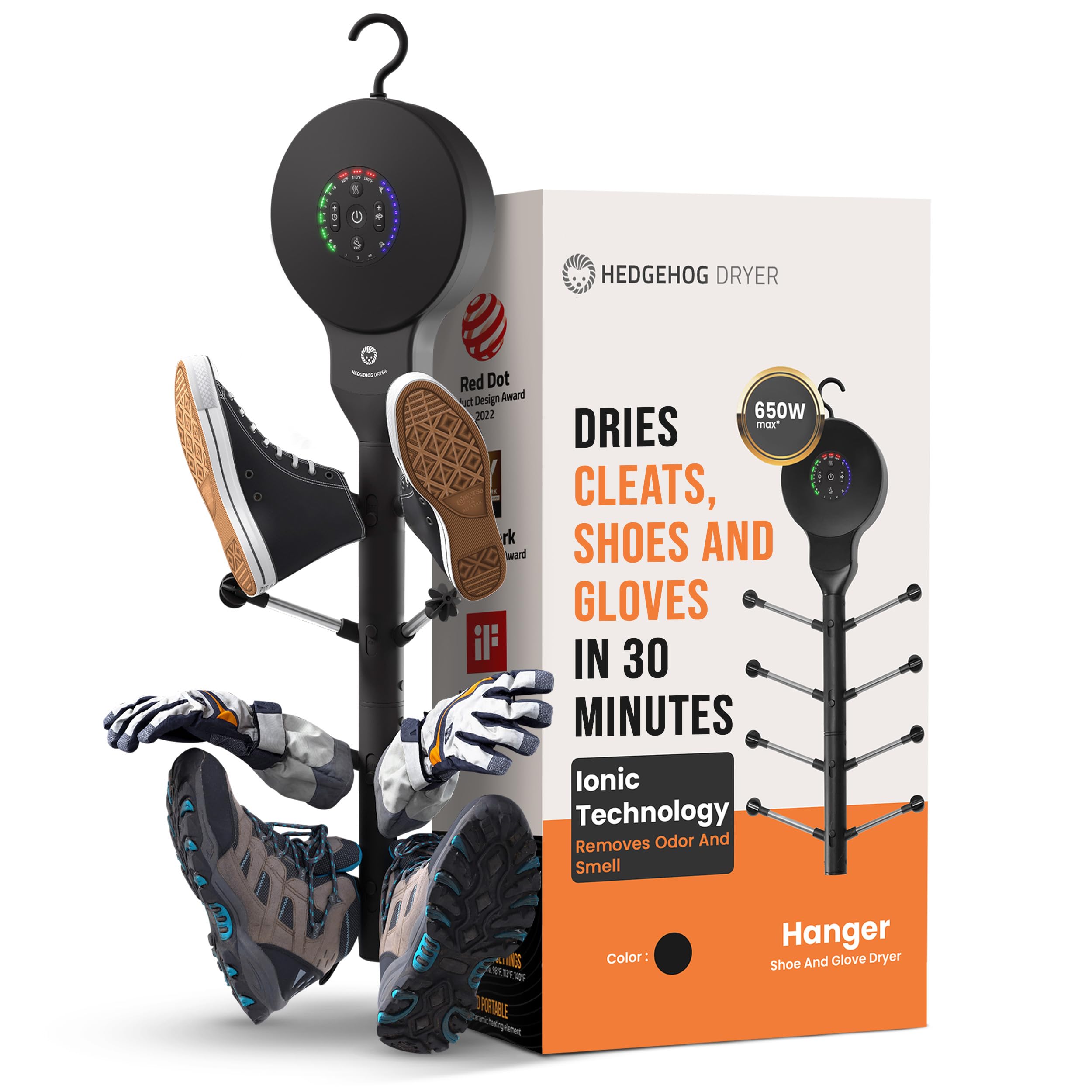 Photo 1 of Hedgehog Hanger Shoe Dryer and Deodorizer for Sneakers, Gloves & Mittens – Rapid 4 Pair Shoes Dryer with Ionic i3 Turbo Technology, Turbocharged Drying, Silent & Tornado Mode, Adjustable Heat, Black