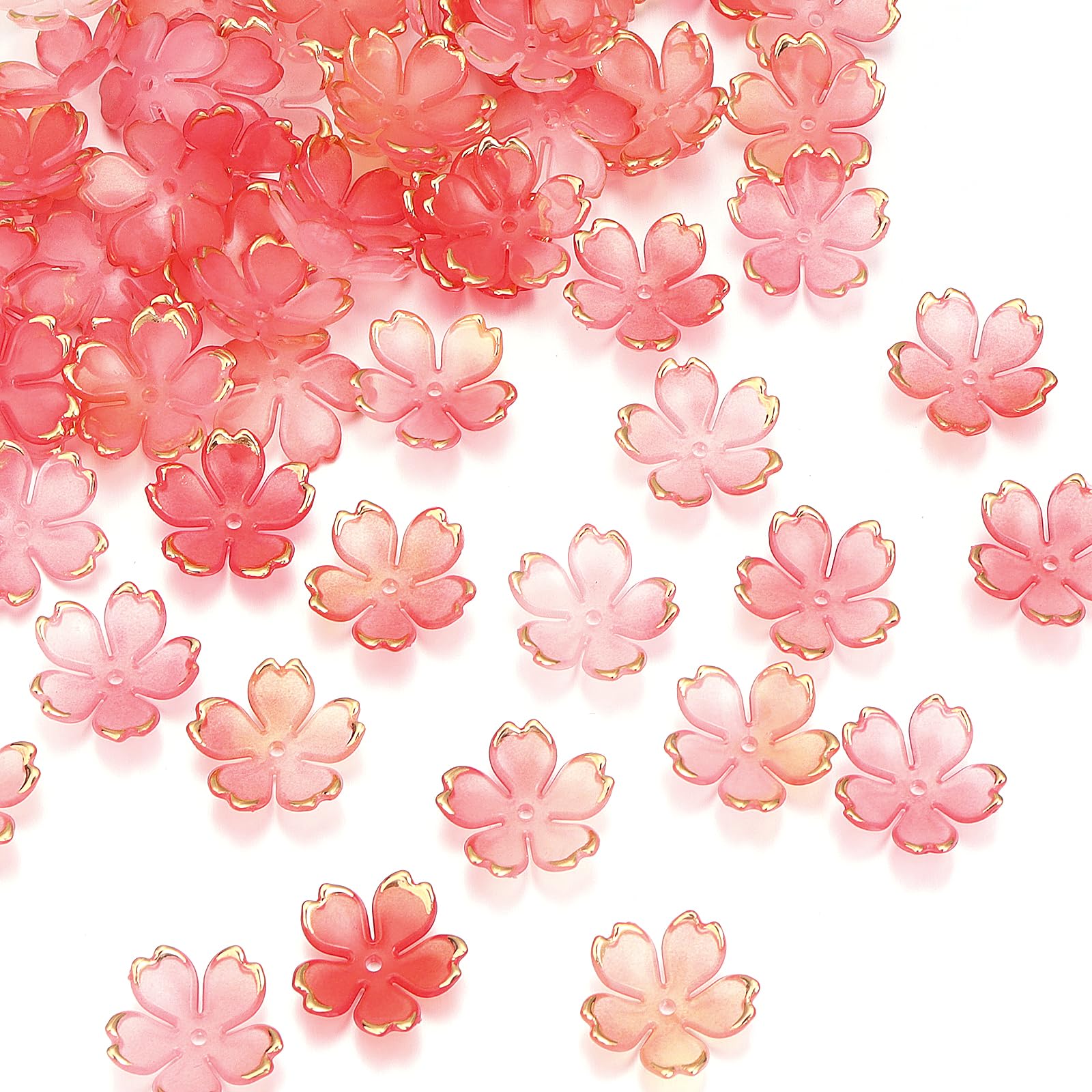 View 1 of 120Pcs Cherry Blossom Acrylic Flower Beads, Shiny Gold-Plated Floral Spacer Beads 5-Petal Gradient Floral Bead for Necklaces Bracelets Earrings DIY Adult Jewelry Making (Red Gradient