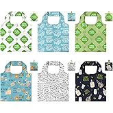 BeeGreen Print Reusable Shopping Bags 6 Pack - Heavy Duty Washable and Foldable Polyester Shopping Bag for Women, Reusable Gift Grocery Totes Market Tote Bag with Handles for Travel Holiday