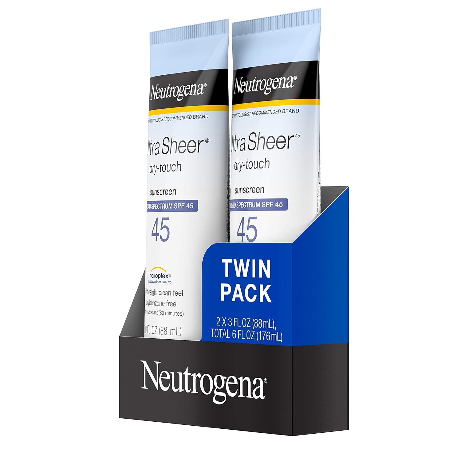 Neutrogena Ultra Sheer Dry-Touch Water Resistant and Non-Greasy Sunscreen Lotion with Broad Spectrum SPF 45, TSA-Compliant travel Size, 3 fl. oz, Pack of 2: Beauty