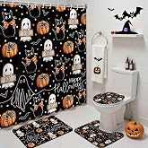 Mocsicka Halloween Ghost Shower Curtain Set for Bathroom, 4Pcs Cute Ghost Cat Pumpkin Bathroom Sets with Non Slip Rugs, Toilet Lid Cover, Bath Mat, Shower Curtain, Bathroom Decor with 12 Hooks (Black)