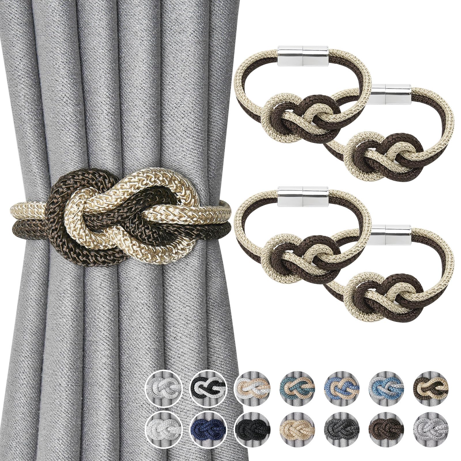 Pretty Jolly 4 Pack Mini Magnetic Curtain Tiebacks Nordic Simple Style Drape Tie Backs Elegant Hand Weave Rope Knot Decorative Curtain Holdbacks for Home & Office Window Drapery (Coffee & Beige)