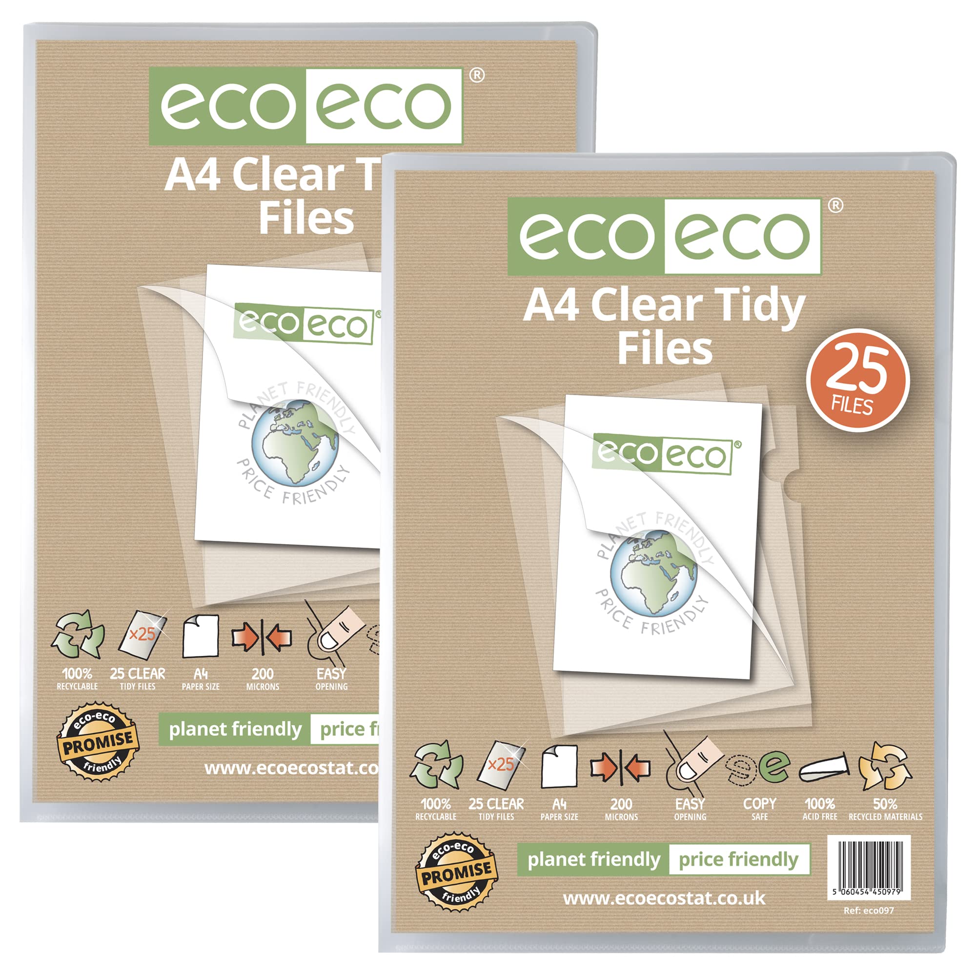 eco-eco A4 50% Recycled Bag 50 Tidy Report Files, 200 Micron Open Top & Side Covers File Wallets Clear Cut Flush, eco097x2