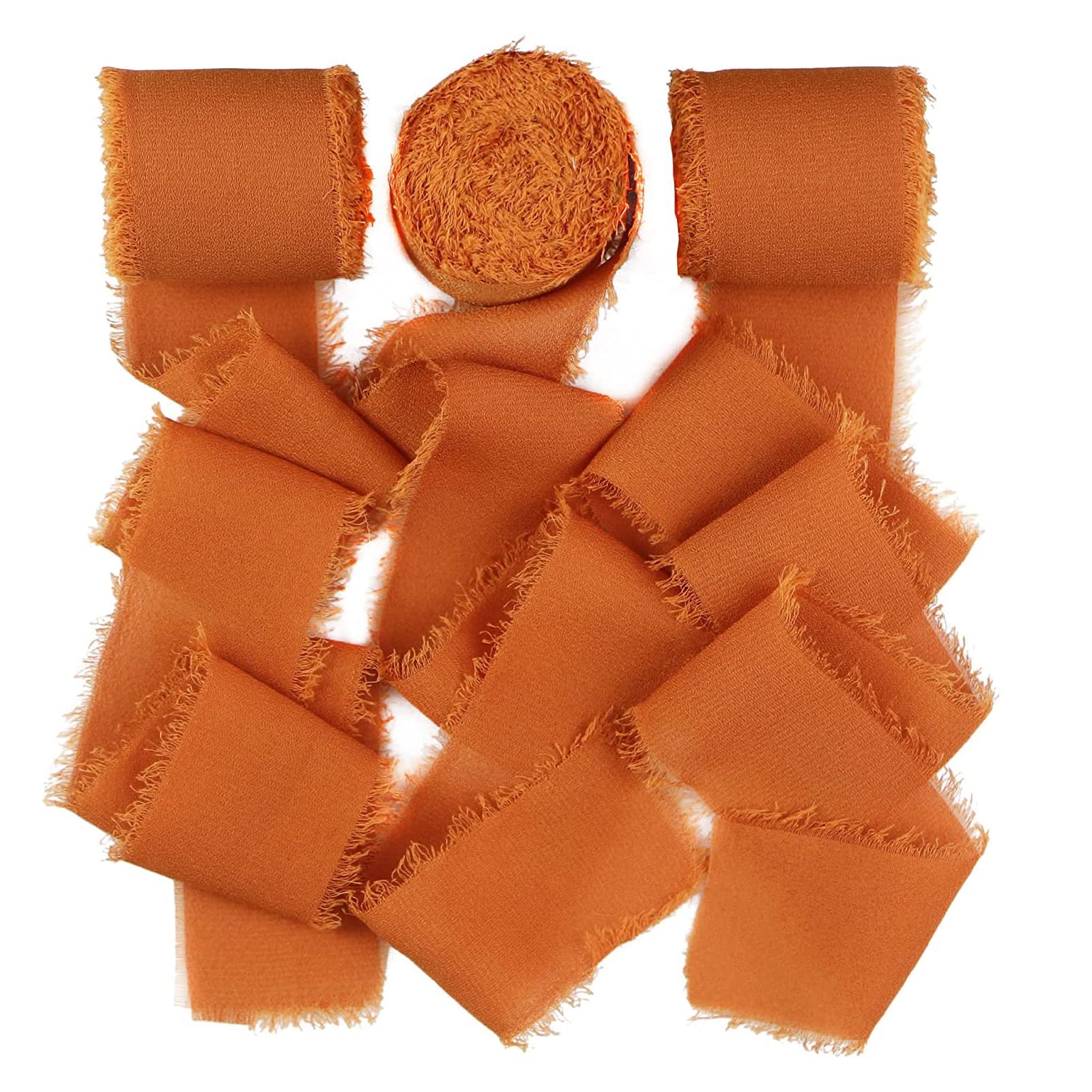 Handmade Fringe Chiffon Ribbon, 3 Rolls Ribbon Set, Silk Ribbons with Frayed Edges Fabric Cloth for Wedding Invitations, Bridal Bouquets, Gifts Wrapping, DIY Crafts Decor (Orange)