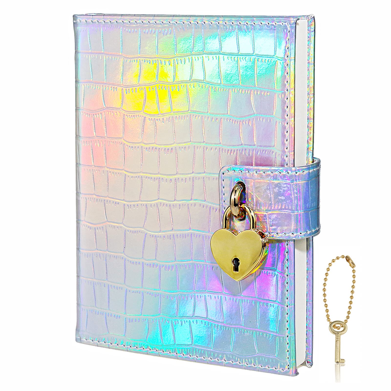 Mazeran Heart Shaped Lock Journal, Laser Rainbow PU Croco Embossed Hard Cover Notebook Travel Diary, B6 Lined Locking with Key Personal Planner Secret Organizers Gift for Girls Women Daughter