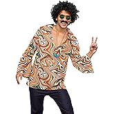 Mainfini 5 Pcs Men Hippie 70s Costume Retro Disco Outfit Floral Shirt With Wig Beard Glasses Necklace (S-2XL)