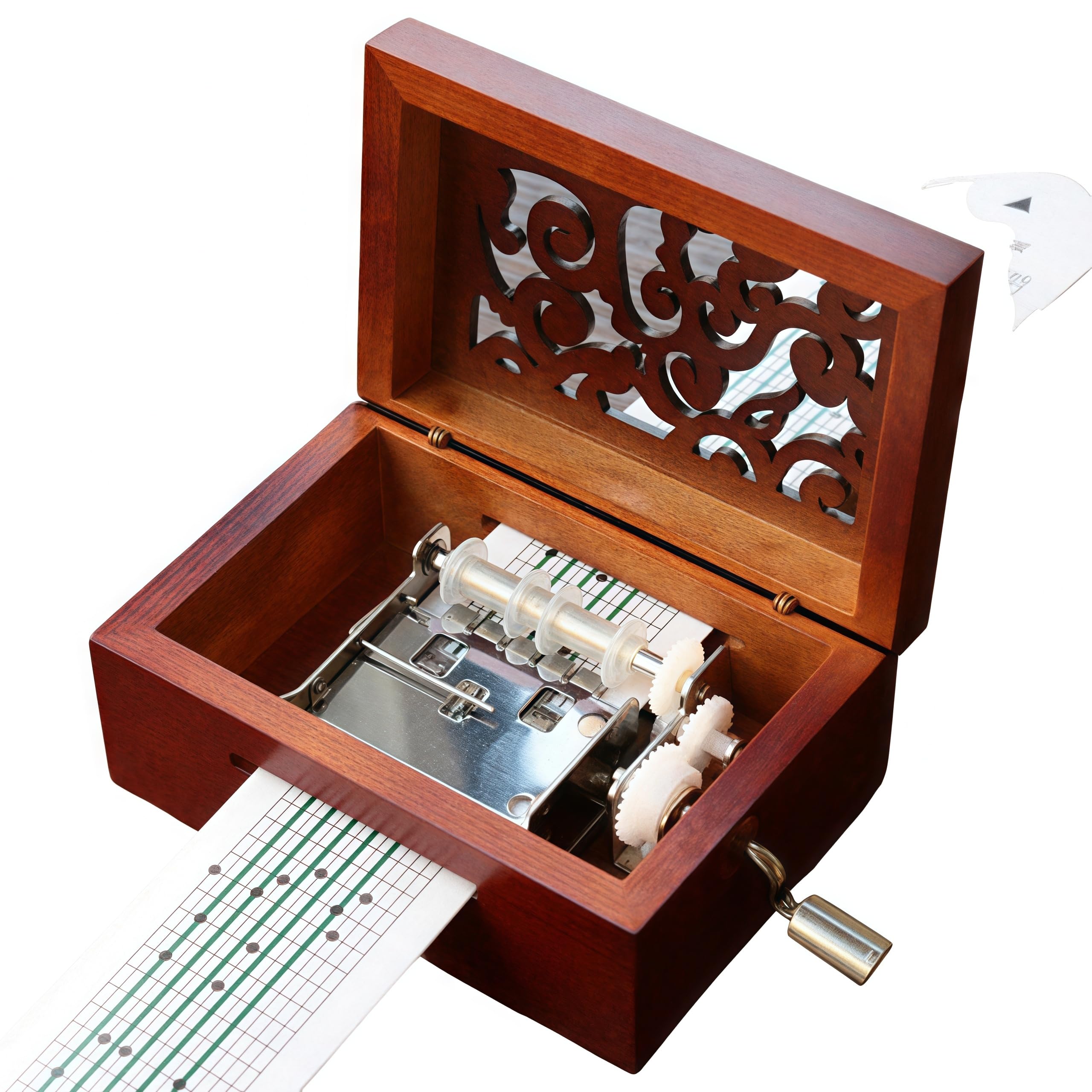 Cuzit Antique Vintage Engraved Wooden Music Box 15 Note movement Hand Crank DIY Musical Box Make Yr Own Song Include a Punch, 14 Blank Paper and 16 music Paper Valentine's Day Gift