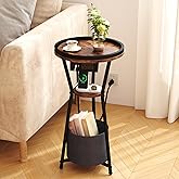 Yusong Round Side Table with Charging Station, Small Drink Table for Small Spaces, 3-Tier Industrial End Table, Accent Nightstand Bedside Table for Living Room, Bedroom, Sofa Couch, Rustic Brown