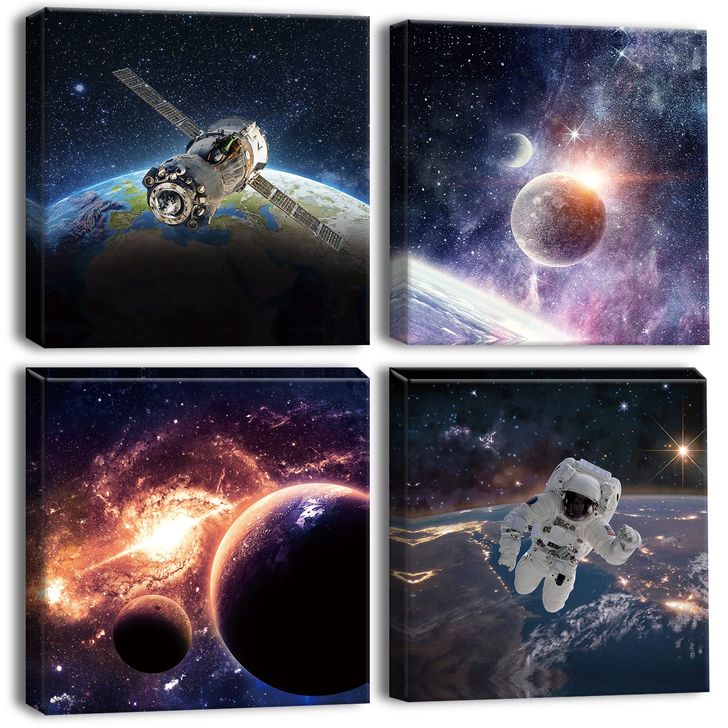 Artscope 4 Pieces Wall Art Canvas Prints - Planet Universe Space Picture Painting - Modern Wall Artwork Framed for Gifts Bathroom Home Kitchen Office Decor - 30 x 30 CM