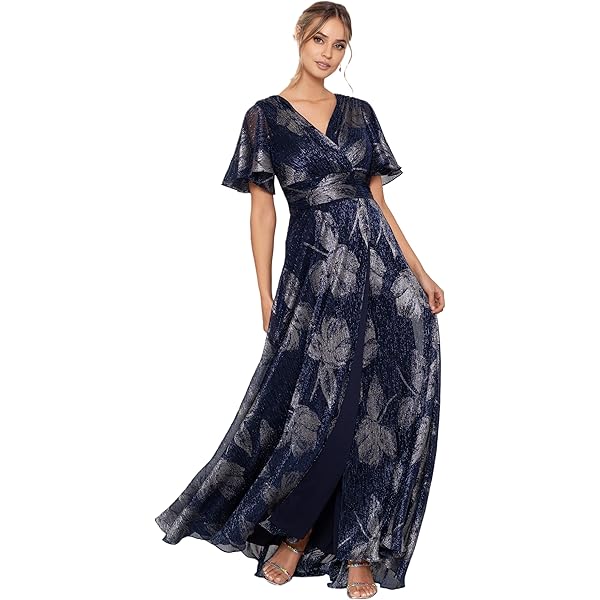 Amazon.com: Betsy & Adam Long V-Neck Flutter Sleeve Dress Black/Gold/Silver  4 : Clothing, Shoes & Jewelry