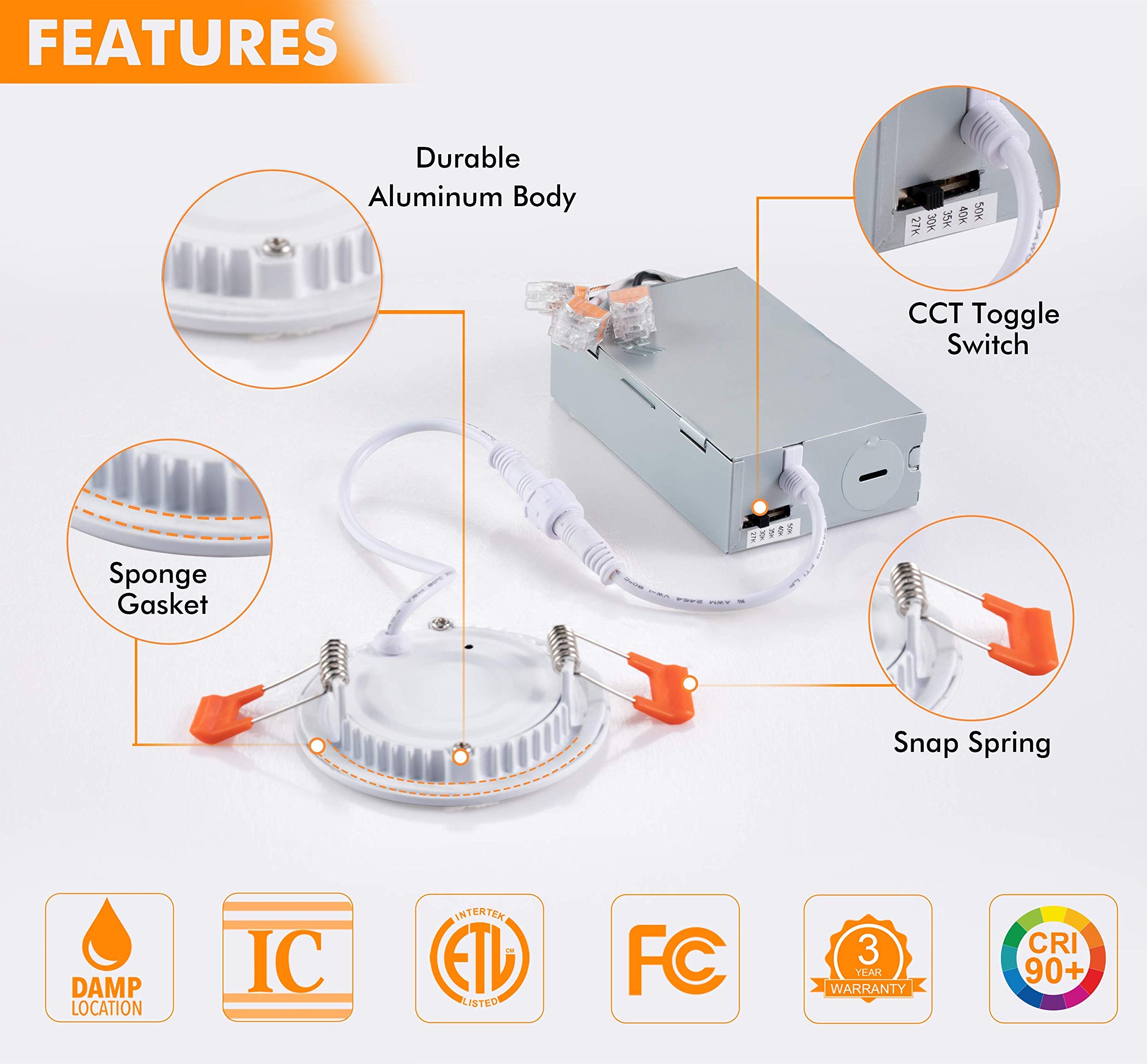 CLOUDY BAY 3 inch 5 Color Ultra Thin LED Recessed Light with Junction Box, Canless Wafer Downlight, IC Rated, 8W CRI90+, 5 Color Temperature Selectable, Illumination Diameter 1-7/8inch,White, 6 Pack