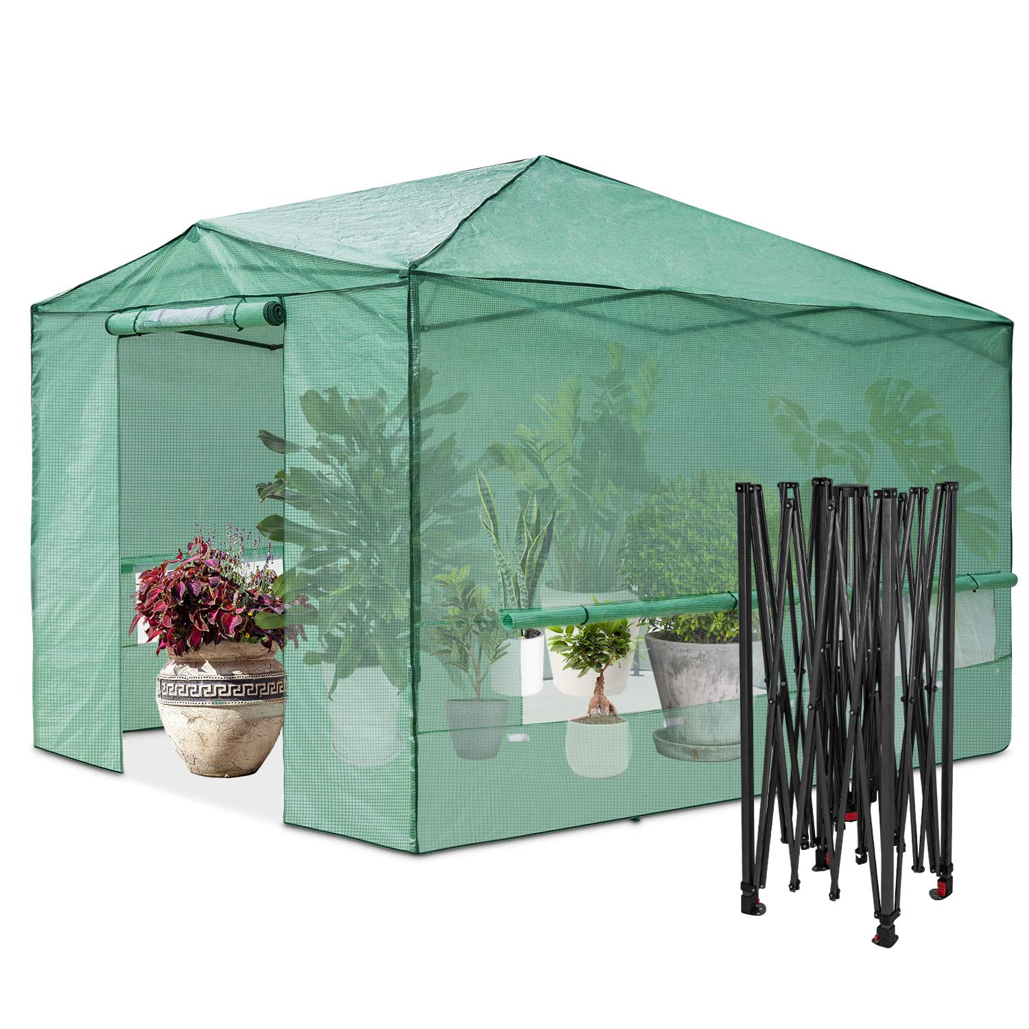 EAGLE PEAK 12'x8' Portable Large Walk-in Greenhouse Instant Pop-up Fast Setup Indoor Outdoor Plant Gardening Green House Canopy, Front Roll-Up Zipper Entry Doors and Roll-Up Side Windows