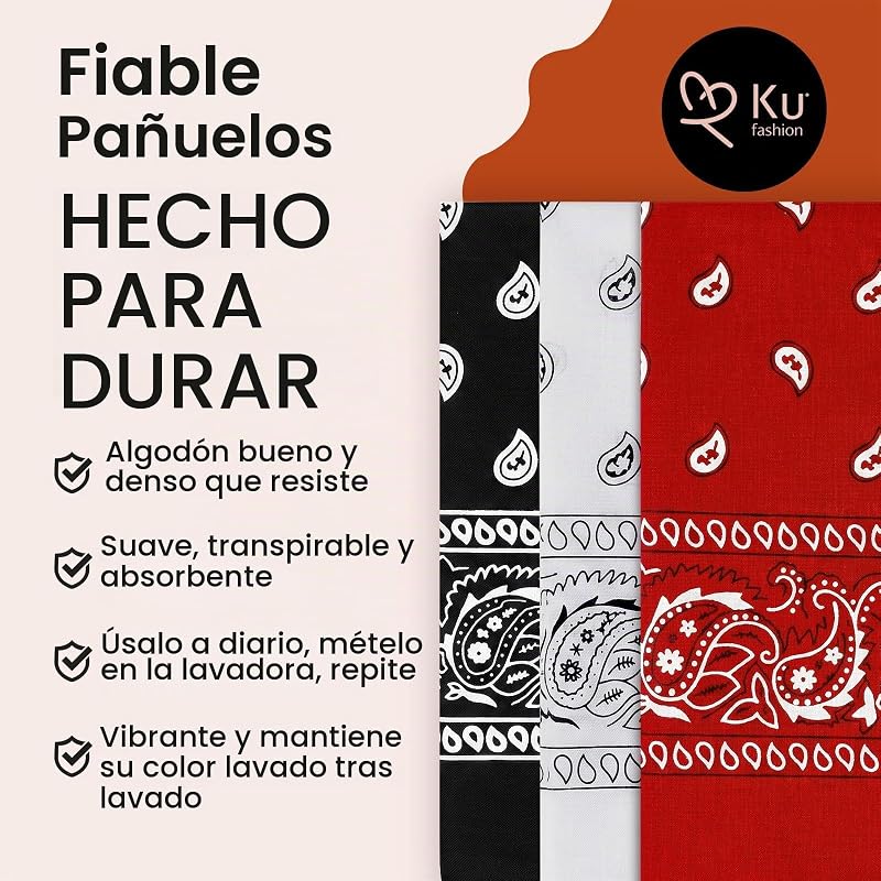 Pacote de 3 bandanas de algodão Paisley - Bandana para homens para proteção facial, desporto, faixa de suor, proteção solar, diário, viagens (Nero, bianco, rosso) — foto 5 de 7