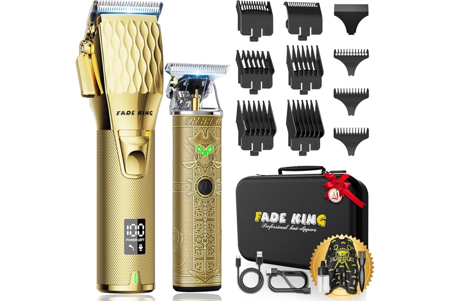FADEKING® Professional Hair Clippers & Beard Trimmer Set for Men – Cordless Barber Clippers with LCD Display, Precision Trimmer & Travel Case – Gifts for Men Husband Father (Gold + Bronze)