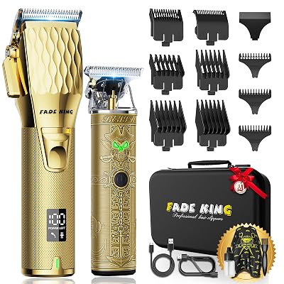 FADEKING® Professional Hair Clippers & Beard Trimmer Set for Men – Cordless Barber Clippers with LCD Display, Precision Trimmer & Travel Case – Gifts for Men Husband Father (Gold + Bronze)