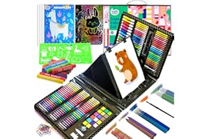 KIDDYCOLOR Kids Art Set, Drawing Art Supplies for Girls & Boys Ages 4-8 with Watercolor Cakes, Oil Pastels, Colored Pencils, Ideal Gift for Young Artist, Black-217pcs